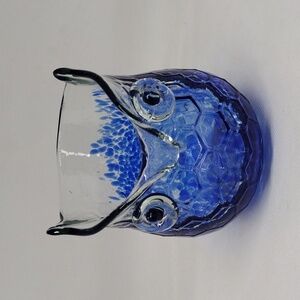 Vintage Cracker Barrel Clear and Cobalt Blue Splatter Art Glass Owl‎ Vase